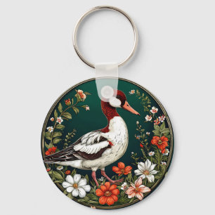 Elegante Eend Omringd door Levendige Bloemen Sleutelhanger
