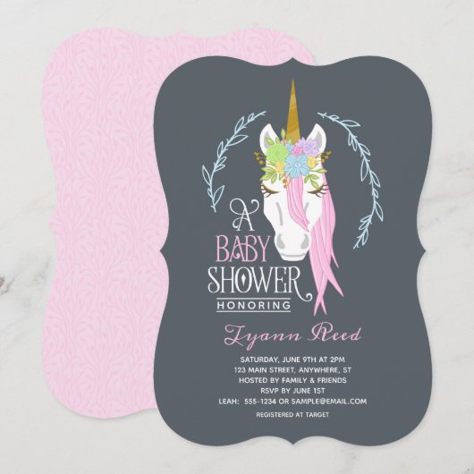 Elegante Eenhoorn Baby shower Invitation Kaart (Voorkant / Achterkant)