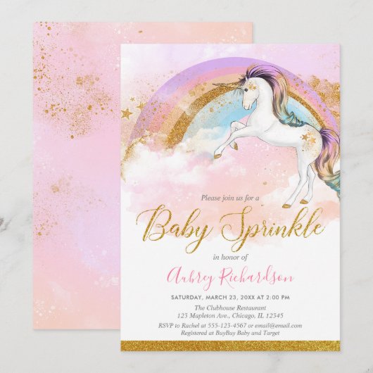 Elegante eenhoorn baby strooi meisje pastel regenb kaart (Voorkant / Achterkant)