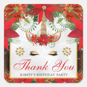 Elegante Eenhoorn Poinsettia Verjaardags Cadeautje Vierkante Sticker