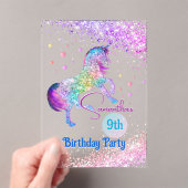 Elegante eenhoorn roze aqua glitter verjaardag acryl uitnodigingen (Insitu (Draagbaar))