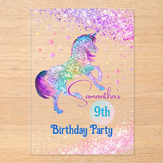 Elegante eenhoorn roze aqua glitter verjaardag acryl uitnodigingen (Voorkant)