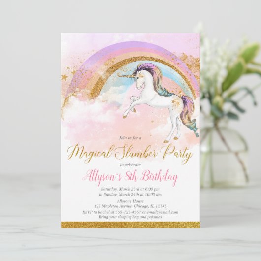 Elegante eenhoorn sluimer feest verjaardag roze go kaart (Staand voorkant)