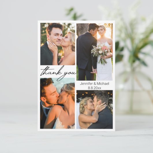Elegante eenvoudige 5 foto's bruiloft collage bedankkaart (Staand voorkant)