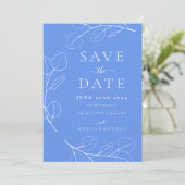 Elegante eenvoudige bladeren blauwe bruiloft save the date (Staand voorkant)