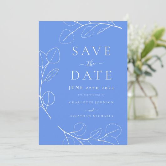Elegante eenvoudige bladeren blauwe bruiloft save the date (Staand voorkant)