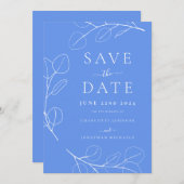 Elegante eenvoudige bladeren blauwe bruiloft save the date (Voorkant / Achterkant)