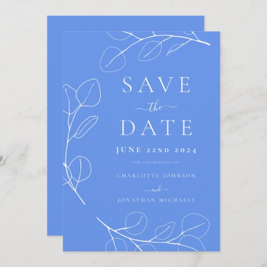 Elegante eenvoudige bladeren blauwe bruiloft save the date (Voorkant / Achterkant)
