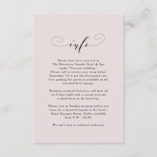 Elegante eenvoudige blush roze bruiloft informatie kaart (Voorkant)