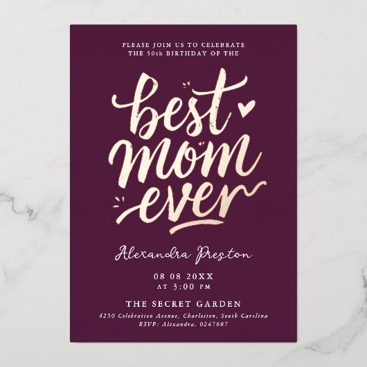 Elegante Eenvoudige Bourgogne Beste Mam Dag Vierin Folie Uitnodiging (Voorkant)