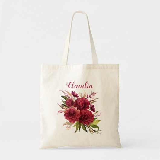 Elegante Eenvoudige Bourgogne Bloemen Monogram Bru Tote Bag (Voorkant)