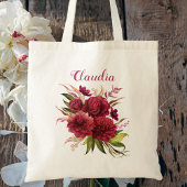 Elegante Eenvoudige Bourgogne Bloemen Monogram Bru Tote Bag