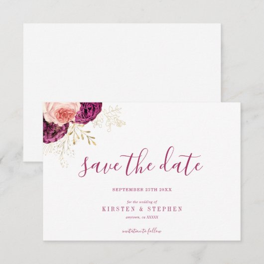 Elegante Eenvoudige Bourgogne Blush Bloemen Save t Kaart (Voorkant / Achterkant)