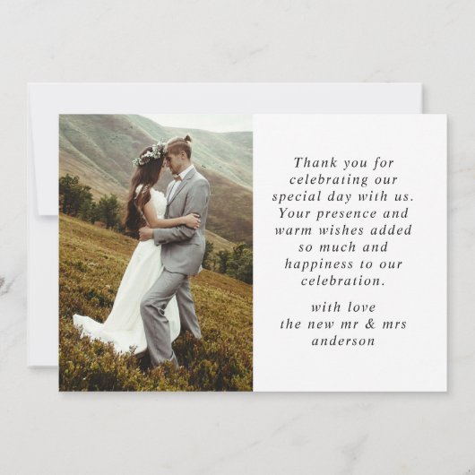 Elegante eenvoudige bruiloft dank u script foto bedankkaart (Achterkant)