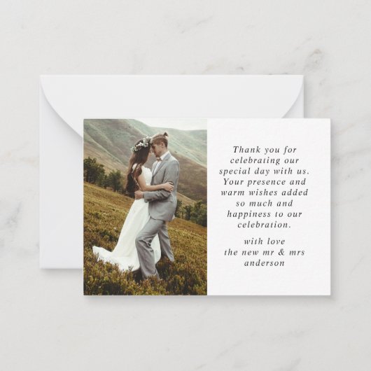 Elegante eenvoudige bruiloft dank u script foto notitiekaartje (Achterkant)