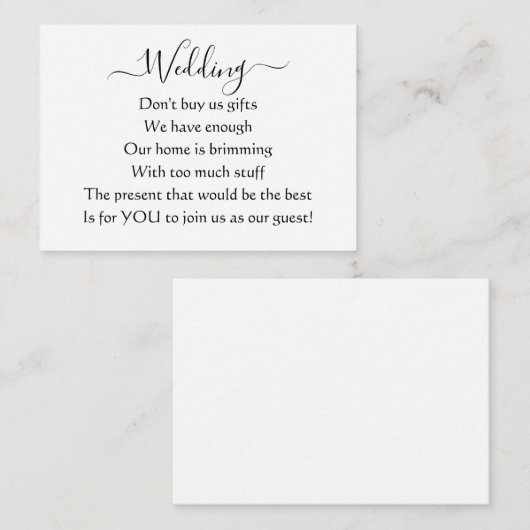 Elegante eenvoudige bruiloft geen geschenken gedic informatiekaartje (Voorkant / Achterkant)