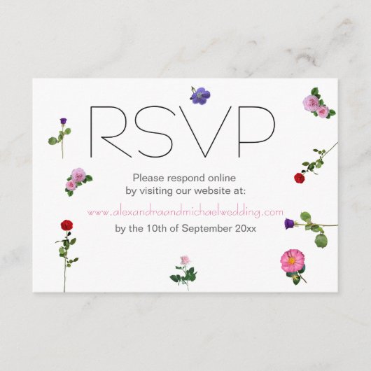 Elegante eenvoudige chique bloemenbruiloft RSVP Informatiekaartje (Voorkant)