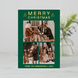 Elegante Eenvoudige Dennenboom Kerst Familie 3 Fot Folie Feestdagenkaart