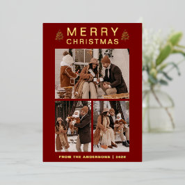 Elegante Eenvoudige Dennenboom Kerst Familie 3 Fot Folie Feestdagenkaart