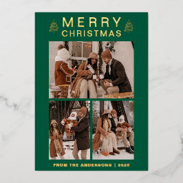 Elegante Eenvoudige Dennenboom Kerst Familie 3 Fot Folie Feestdagenkaart