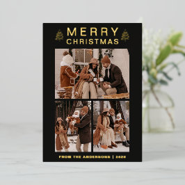 Elegante Eenvoudige Dennenboom Kerst Familie 3 Fot Folie Feestdagenkaart