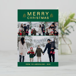 Elegante Eenvoudige Dennengehakt Kerst Familie 4 F Folie Feestdagenkaart