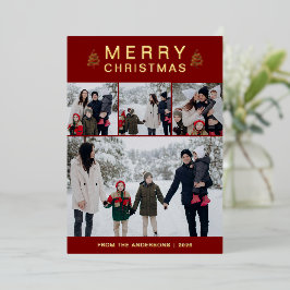 Elegante Eenvoudige Dennengehakt Kerst Familie 4 F Folie Feestdagenkaart