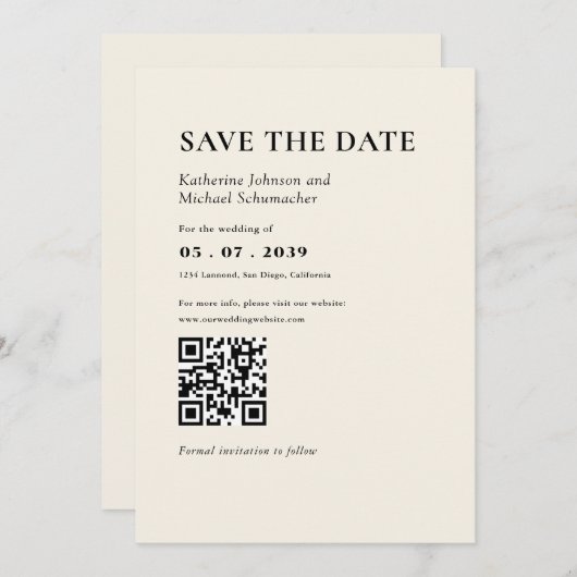 Elegante & eenvoudige details & QR Code Wedding Save The Date (Voorkant / Achterkant)