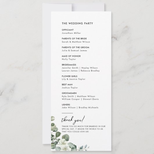 Elegante Eenvoudige Eucalyptus Groen Trouwprogramm Kaart (Achterkant)