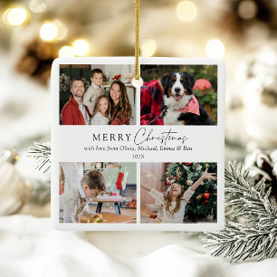 Elegante Eenvoudige Familie 4 Foto Collage Kerstmi Keramisch Ornament
