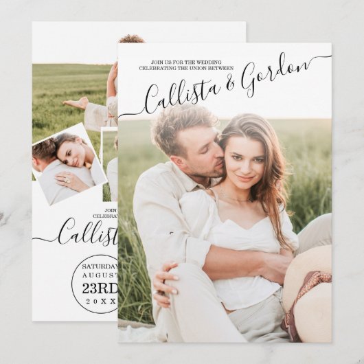 Elegante Eenvoudige Geschreven Fotocollage Wedding Kaart (Voorkant / Achterkant)