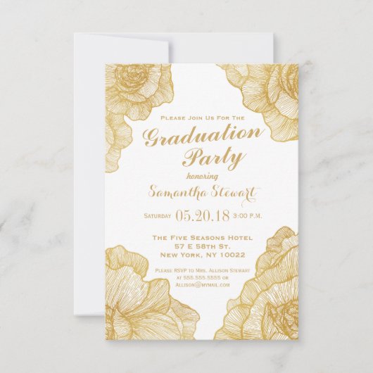 Elegante Eenvoudige Gouden Bloemen Afstudeerfeest  Kaart (Voorkant)
