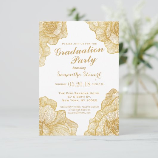 Elegante Eenvoudige Gouden Bloemen Afstudeerfeest  Kaart (Staand voorkant)