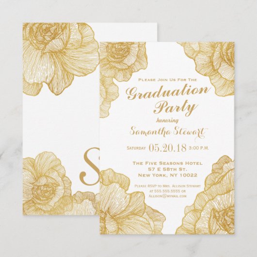 Elegante Eenvoudige Gouden Bloemen Afstudeerfeest  Kaart (Voorkant / Achterkant)