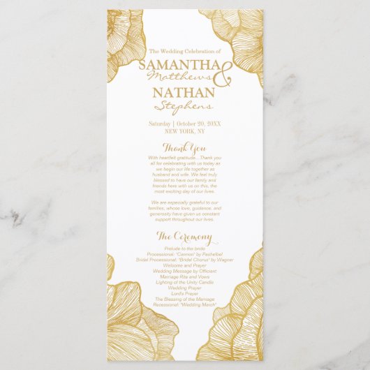 Elegante Eenvoudige Gouden Bloemen Trouwprogramma' Programmakaart (Voorkant)
