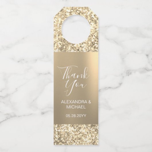 Elegante eenvoudige gouden glitter bruiloft bedank flessenhanger (Voorkant)