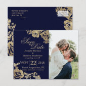 Elegante Eenvoudige Gouden Marine Blauwe Bloemen S Aankondigingskaart (Voorkant / Achterkant)