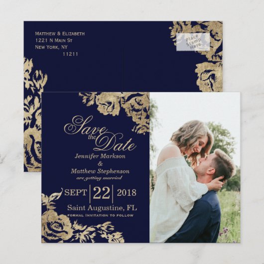 Elegante Eenvoudige Gouden Marine Blauwe Bloemen S Aankondigingskaart (Voorkant / Achterkant)