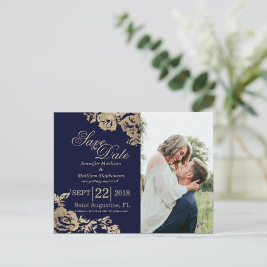 Elegante Eenvoudige Gouden Marine Blauwe Bloemen S Aankondigingskaart (Staand voorkant)