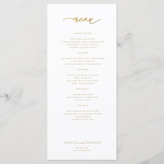 Elegante eenvoudige gouden typografie bruiloft menu (Voorkant)