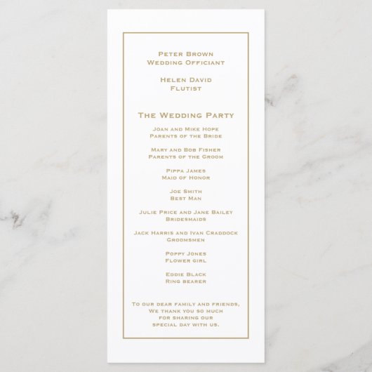 Elegante eenvoudige gouden typografie en Lijst bru Programmakaart (Achterkant)