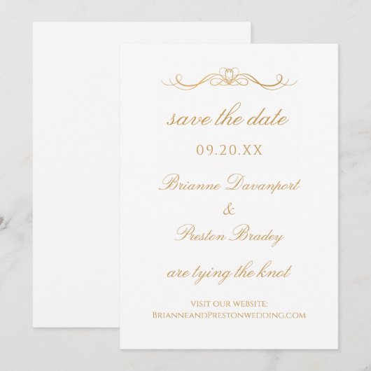 Elegante Eenvoudige Gouden & Witte Script Trouw Save The Date (Voorkant / Achterkant)