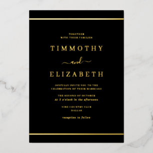 Elegante eenvoudige gouden zwarte bruiloft folie uitnodiging