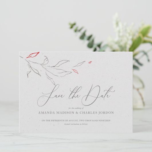 Elegante eenvoudige grijze & rode bloemen Bewaar d Kaart (Staand voorkant)