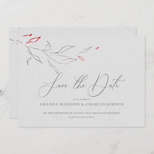 Elegante eenvoudige grijze & rode bloemen Bewaar d Kaart (Voorkant / Achterkant)