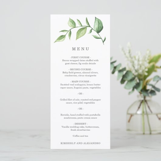 Elegante eenvoudige groen rustieke bruiloft menu (Staand voorkant)