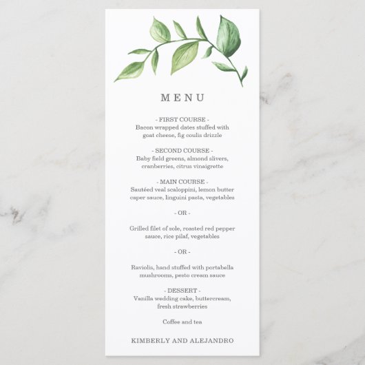Elegante eenvoudige groen rustieke bruiloft menu (Voorkant)