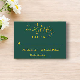 Elegante eenvoudige groene en gouden kalligrafie b RSVP kaartje
