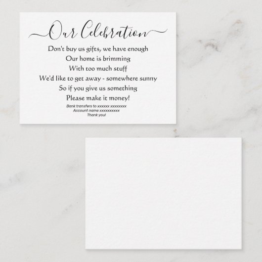 Elegante Eenvoudige Huwelijk Geen Cadeaus Geld Ged Informatiekaartje (Voorkant / Achterkant)