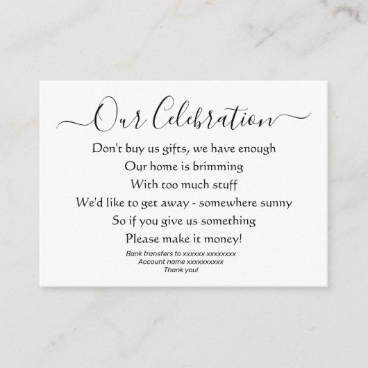 Elegante Eenvoudige Huwelijk Geen Cadeaus Geld Ged Informatiekaartje (Voorkant)
